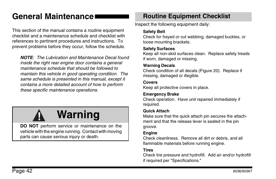 Warning, General maintenance, Routine equipment checklist | SkyTrak 6036 Operation Manual User Manual | Page 48 / 110