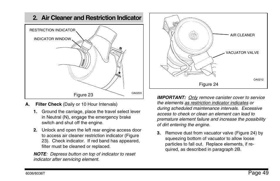 Air cleaner and restriction indicator, Page 49 | SkyTrak 6036 Operation Manual User Manual | Page 55 / 110