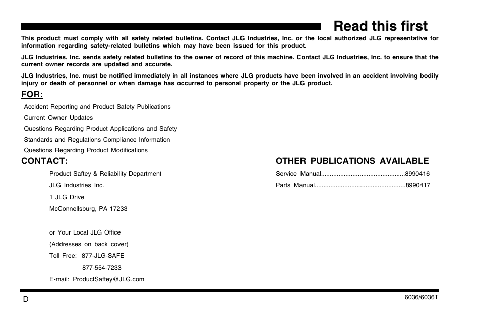 Read this first, Contact: other publications available | SkyTrak 6036 Operation Manual User Manual | Page 6 / 110