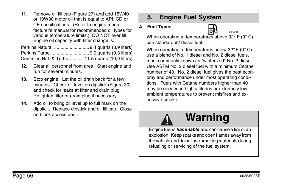 Warning, Engine fuel system | SkyTrak 6036 Operation Manual User Manual | Page 62 / 110