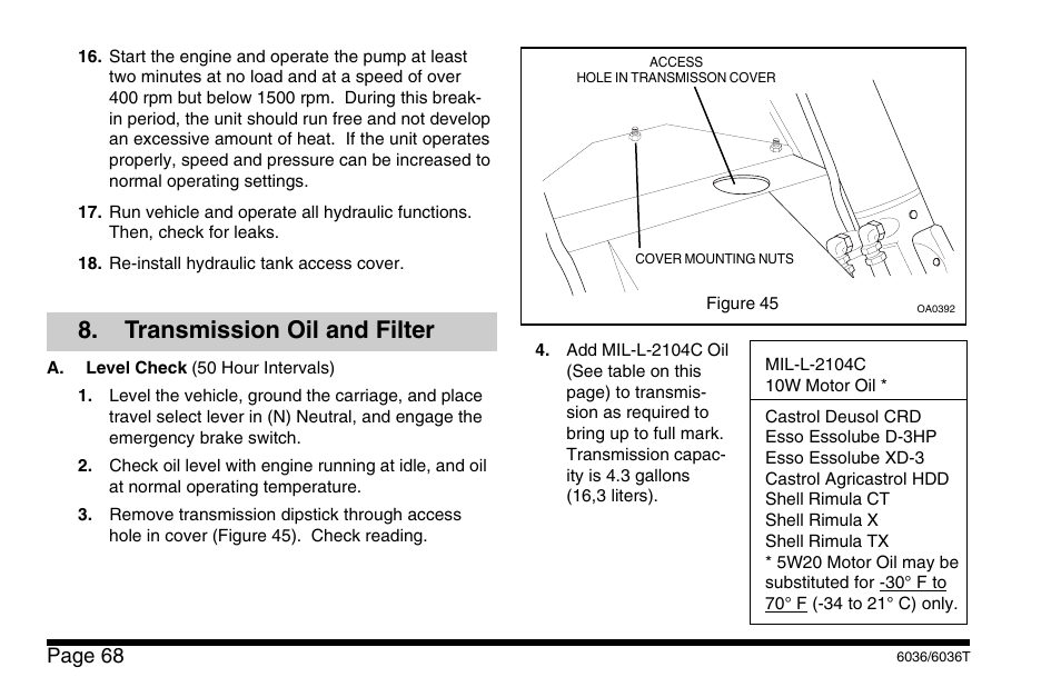 Transmission oil and filter | SkyTrak 6036 Operation Manual User Manual | Page 74 / 110