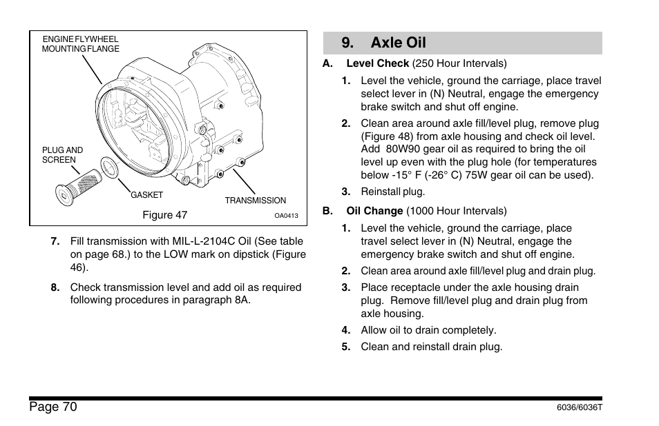 Axle oil, Page 70 | SkyTrak 6036 Operation Manual User Manual | Page 76 / 110