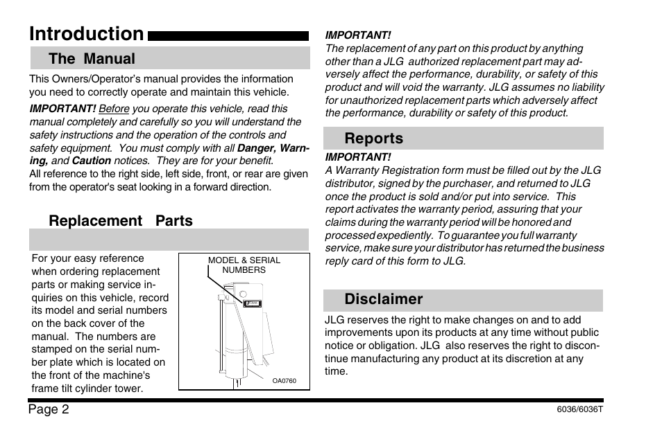 Introduction, The manual, Replacement parts | Reports, Disclaimer | SkyTrak 6036 Operation Manual User Manual | Page 8 / 110