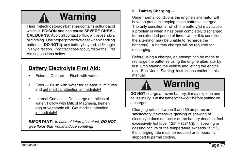 Warning, Battery electrolyte first aid | SkyTrak 6036 Operation Manual User Manual | Page 83 / 110