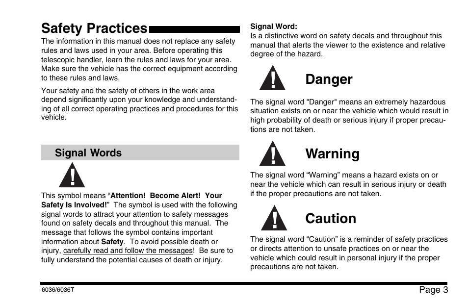 Safety practices, Danger warning caution | SkyTrak 6036 Operation Manual User Manual | Page 9 / 110
