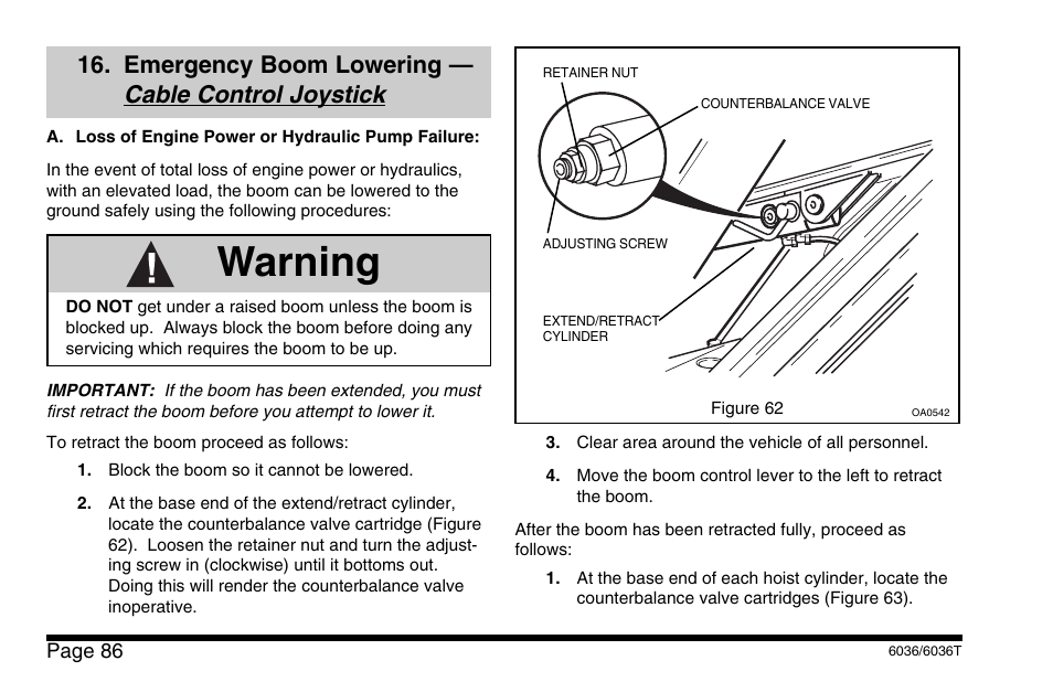 Warning, Cable control joystick, Emergency boom lowering | SkyTrak 6036 Operation Manual User Manual | Page 92 / 110