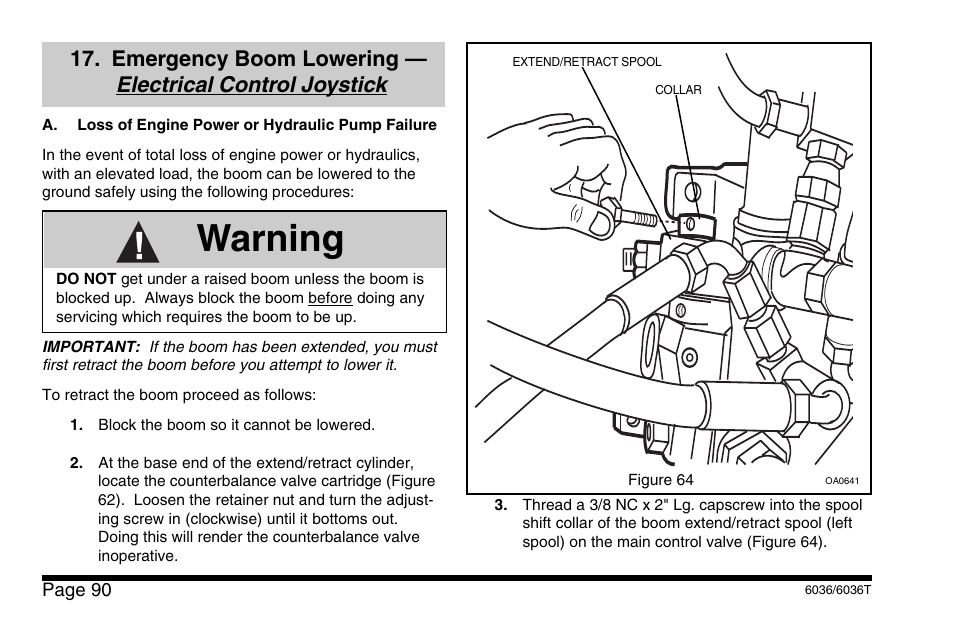 Warning, Electrical control joystick, Emergency boom lowering | SkyTrak 6036 Operation Manual User Manual | Page 96 / 110