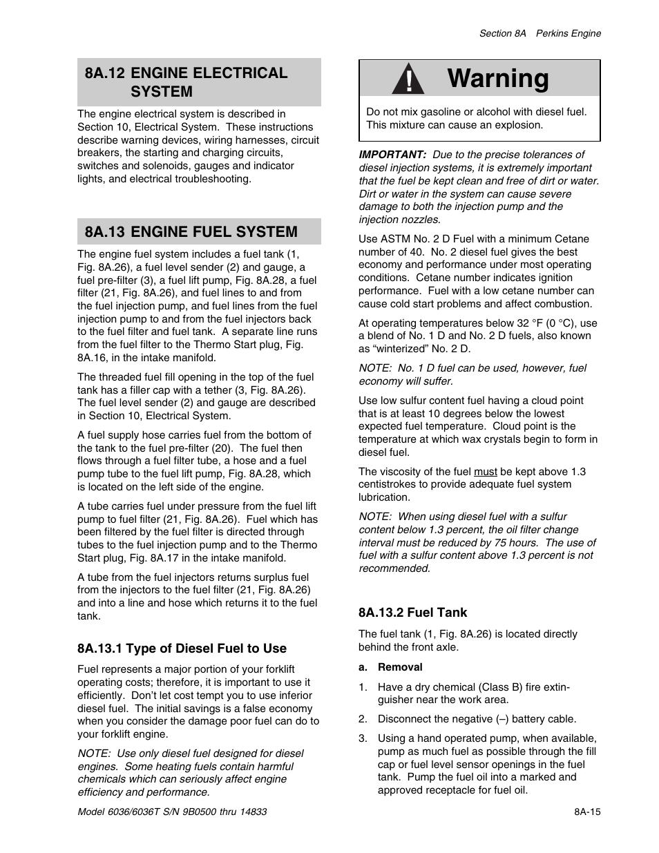 Warning, 8a.12 engine electrical system, 8a.13 engine fuel system | SkyTrak 6036 Service Manual User Manual | Page 107 / 342