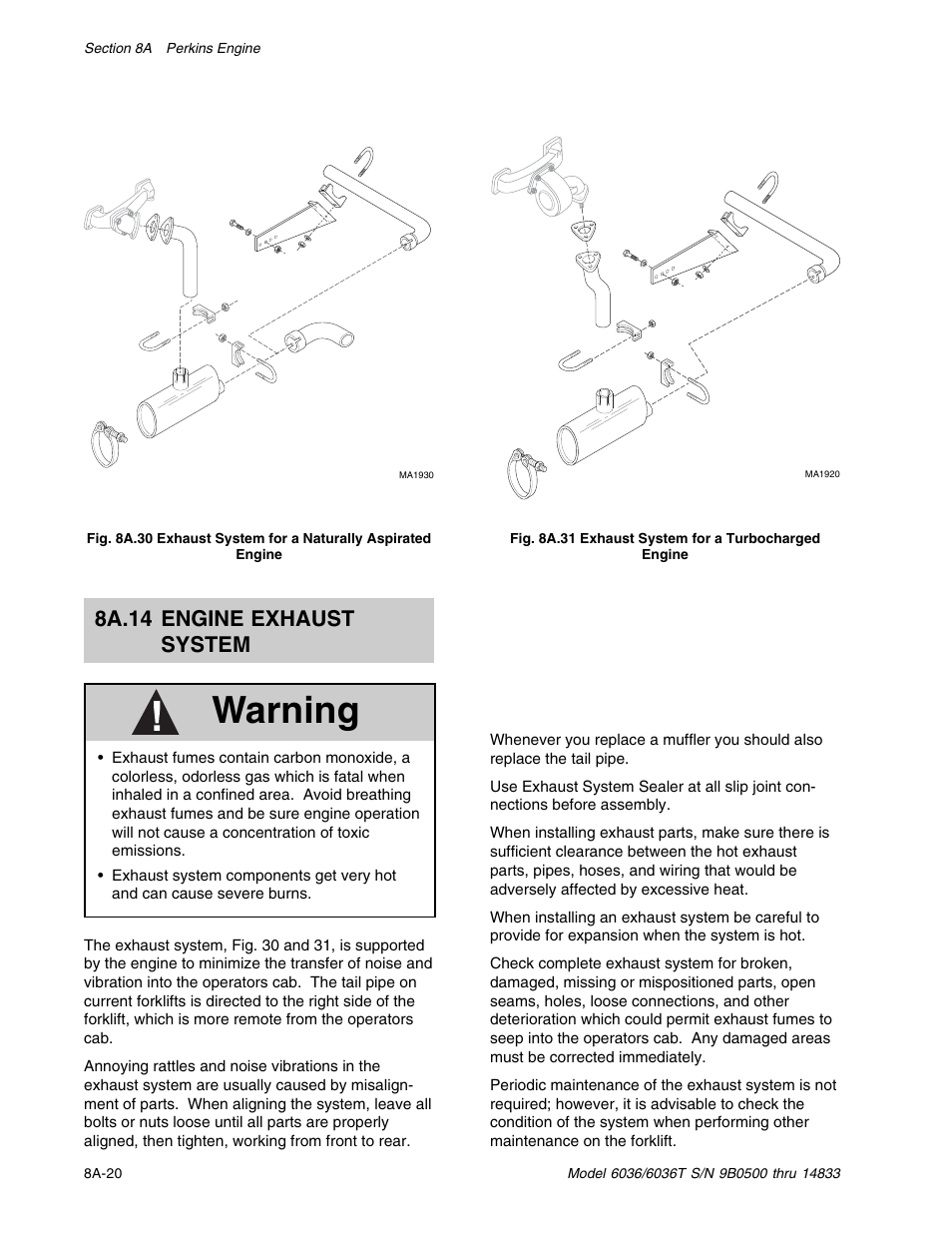 Warning, 8a.14 engine exhaust system | SkyTrak 6036 Service Manual User Manual | Page 112 / 342