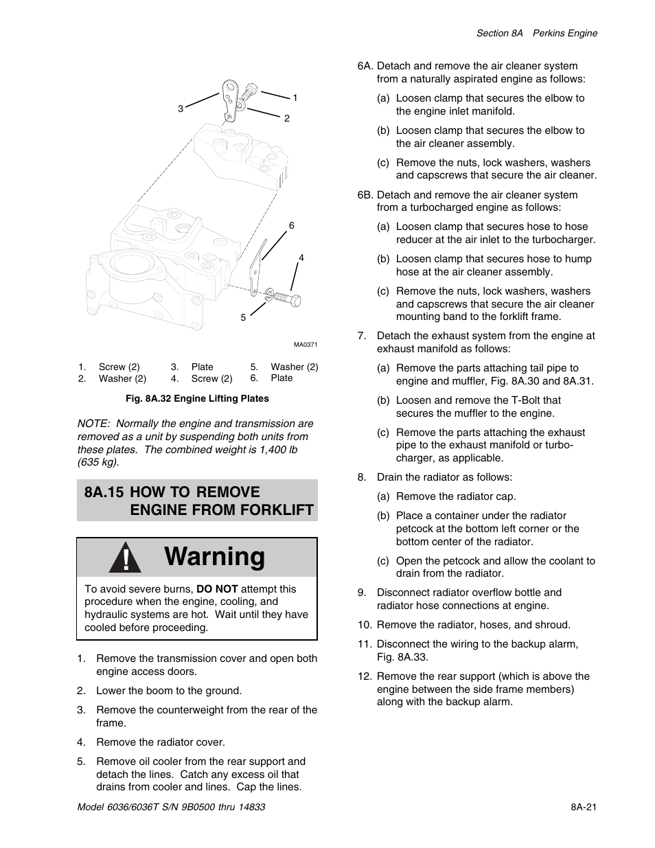 Warning, 8a.15 how to remove engine from forklift | SkyTrak 6036 Service Manual User Manual | Page 113 / 342