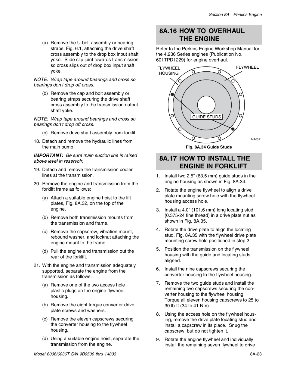 8a.16 how to overhaul the engine, 8a.17 how to install the engine in forklift | SkyTrak 6036 Service Manual User Manual | Page 115 / 342
