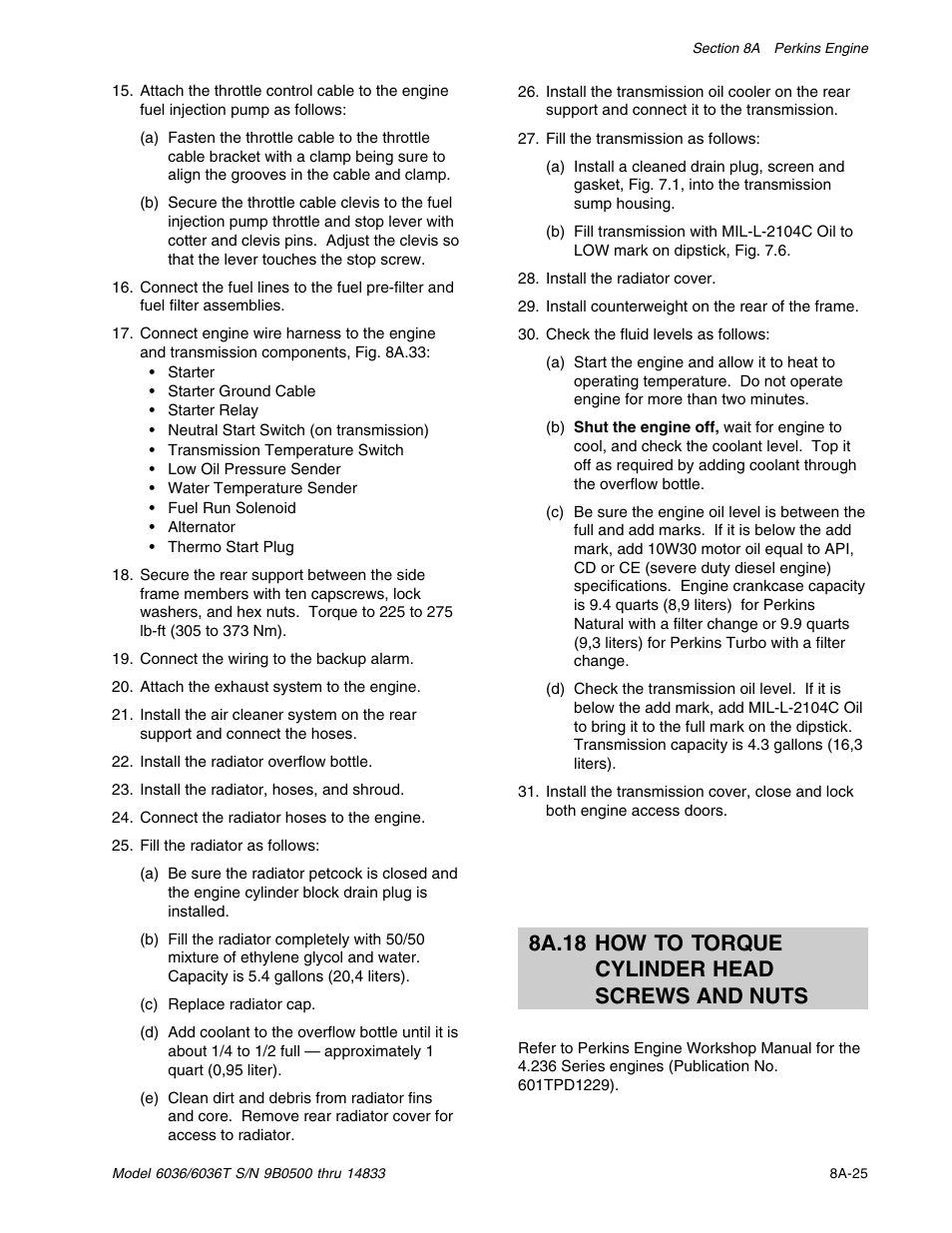 8a.18 how to torque cylinder head screws and nuts | SkyTrak 6036 Service Manual User Manual | Page 117 / 342
