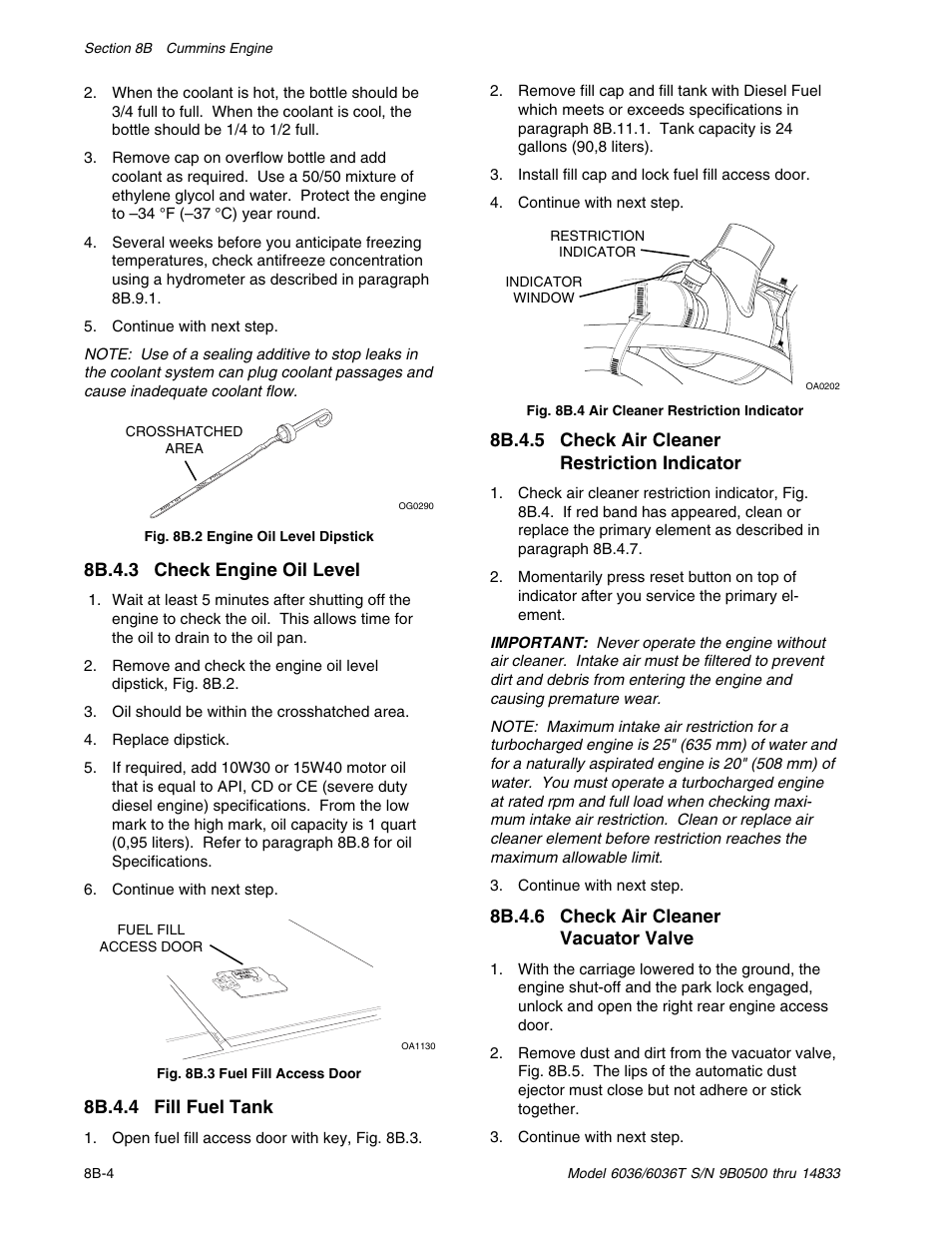 8b.4.5 check air cleaner restriction indicator, 8b.4.6 check air cleaner vacuator valve, 8b.4.3 check engine oil level | 8b.4.4 fill fuel tank | SkyTrak 6036 Service Manual User Manual | Page 124 / 342