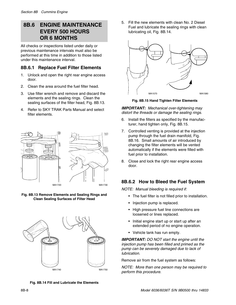 8b.6.1 replace fuel filter elements, 8b.6.2 how to bleed the fuel system | SkyTrak 6036 Service Manual User Manual | Page 128 / 342
