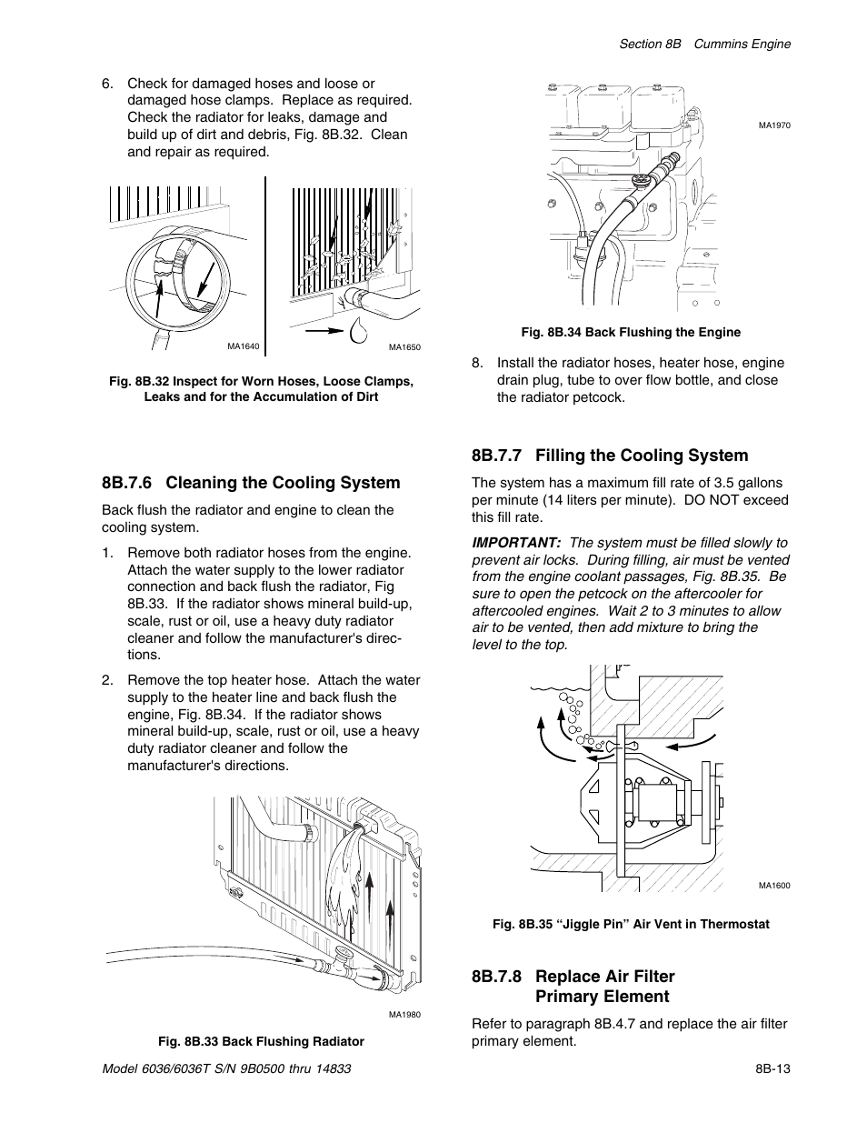 8b.7.6 cleaning the cooling system, 8b.7.7 filling the cooling system, 8b.7.8 replace air filter primary element | SkyTrak 6036 Service Manual User Manual | Page 133 / 342