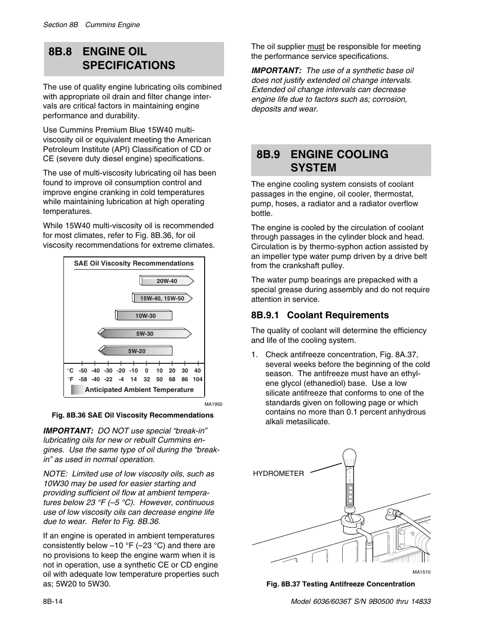 8b.8 engine oil specifications, 8b.9 engine cooling system, 8b.9.1 coolant requirements | SkyTrak 6036 Service Manual User Manual | Page 134 / 342