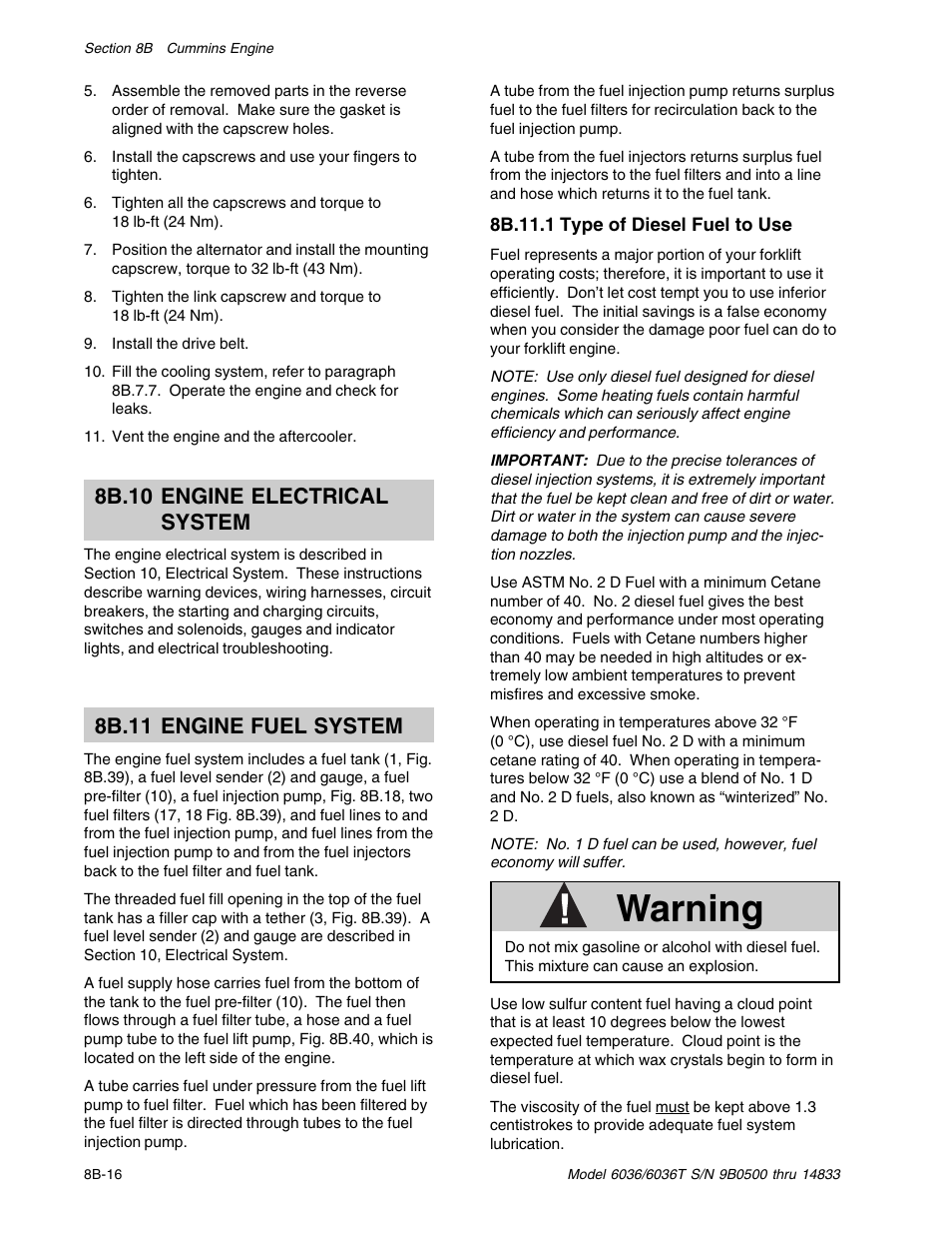 Warning, 8b.10 engine electrical system, 8b.11 engine fuel system | SkyTrak 6036 Service Manual User Manual | Page 136 / 342