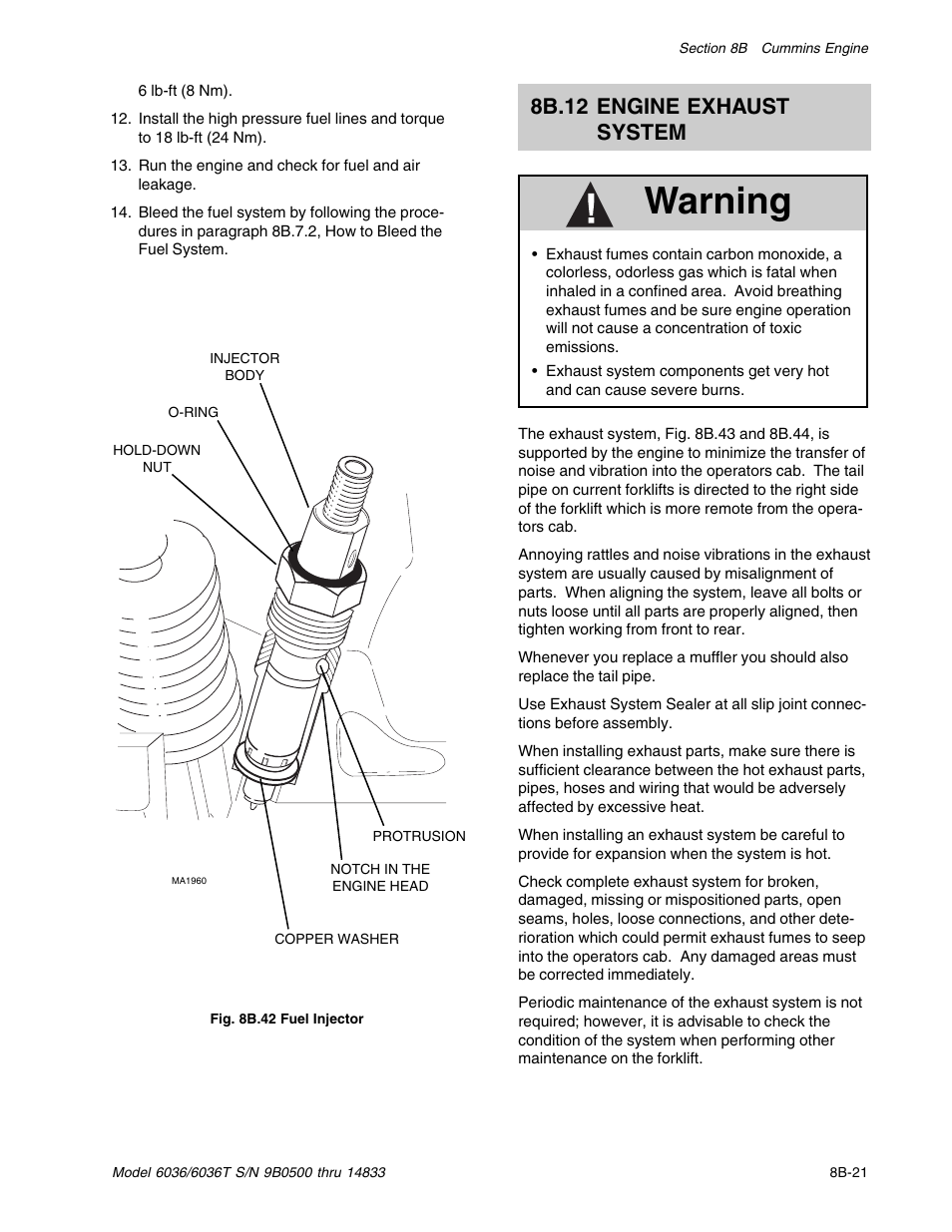 Warning, 8b.12 engine exhaust system | SkyTrak 6036 Service Manual User Manual | Page 141 / 342