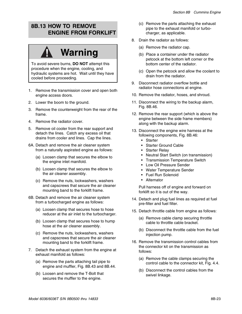 Warning, 8b.13 how to remove engine from forklift | SkyTrak 6036 Service Manual User Manual | Page 143 / 342