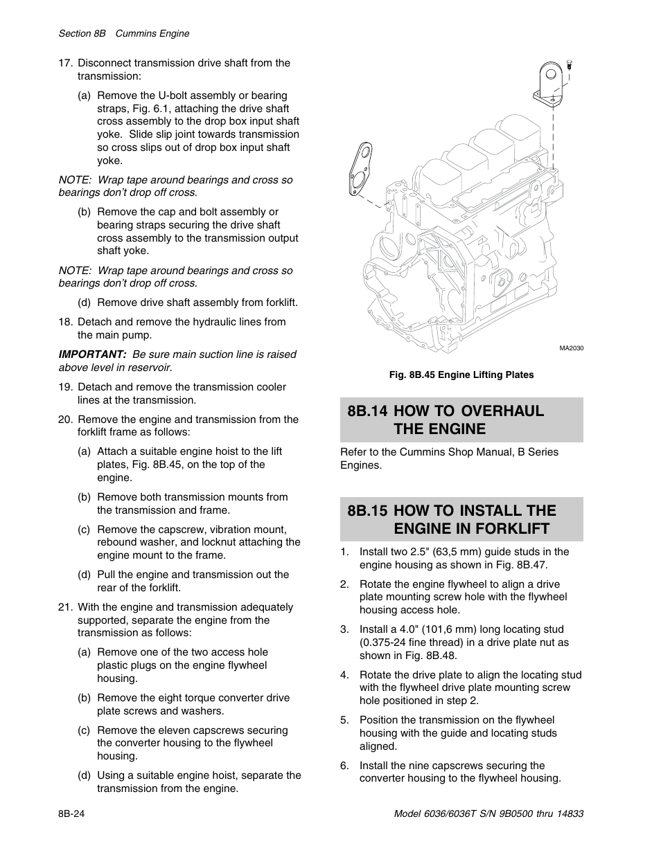 8b.14 how to overhaul the engine, 8b.15 how to install the engine in forklift | SkyTrak 6036 Service Manual User Manual | Page 144 / 342