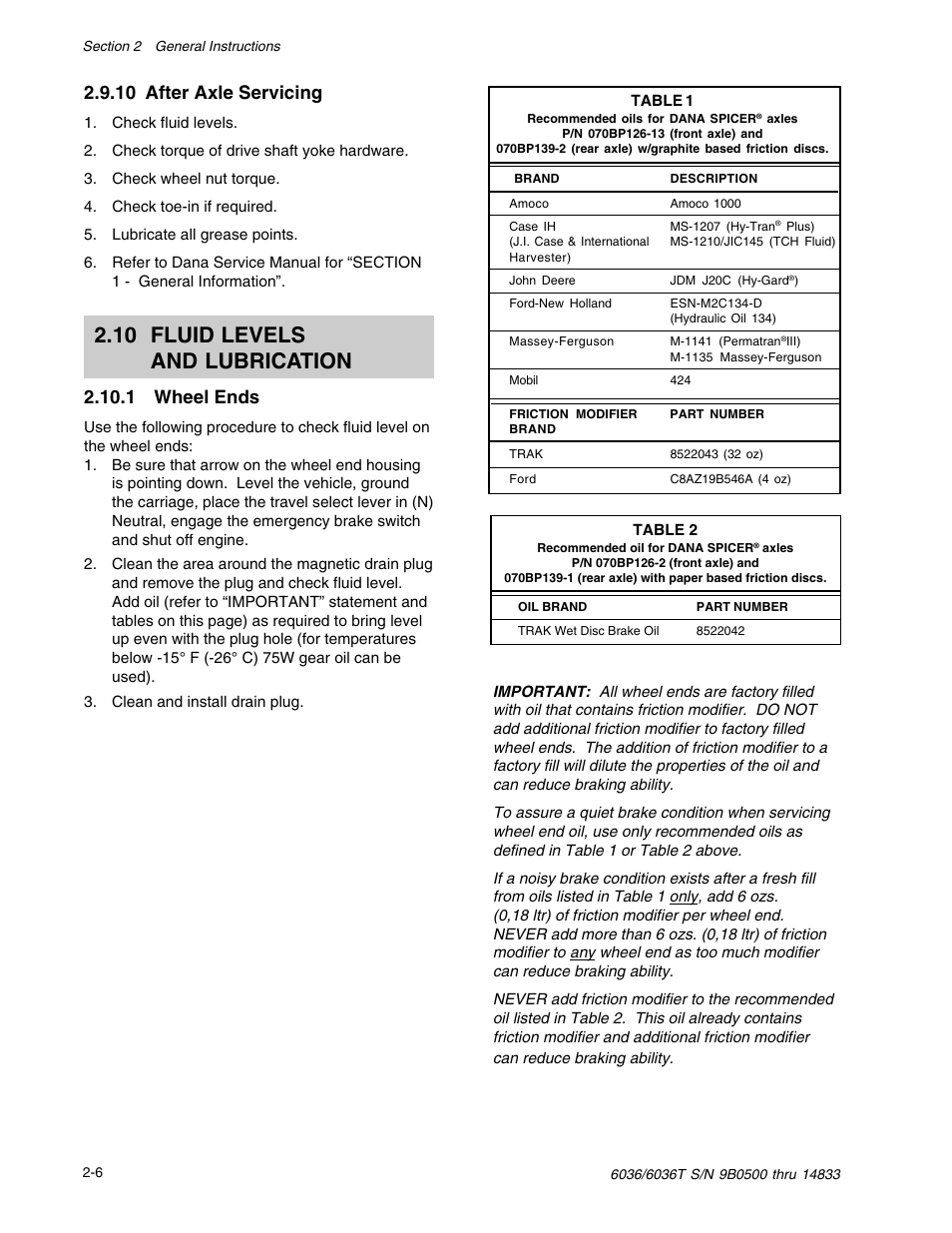 10 fluid levels and lubrication, 10 after axle servicing, 1 wheel ends | SkyTrak 6036 Service Manual User Manual | Page 16 / 342