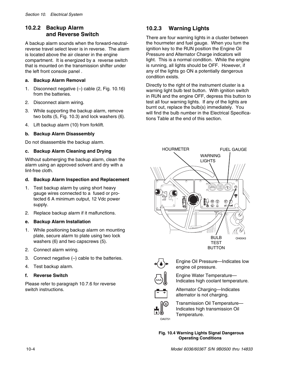 2 backup alarm and reverse switch, 3 warning lights | SkyTrak 6036 Service Manual User Manual | Page 266 / 342