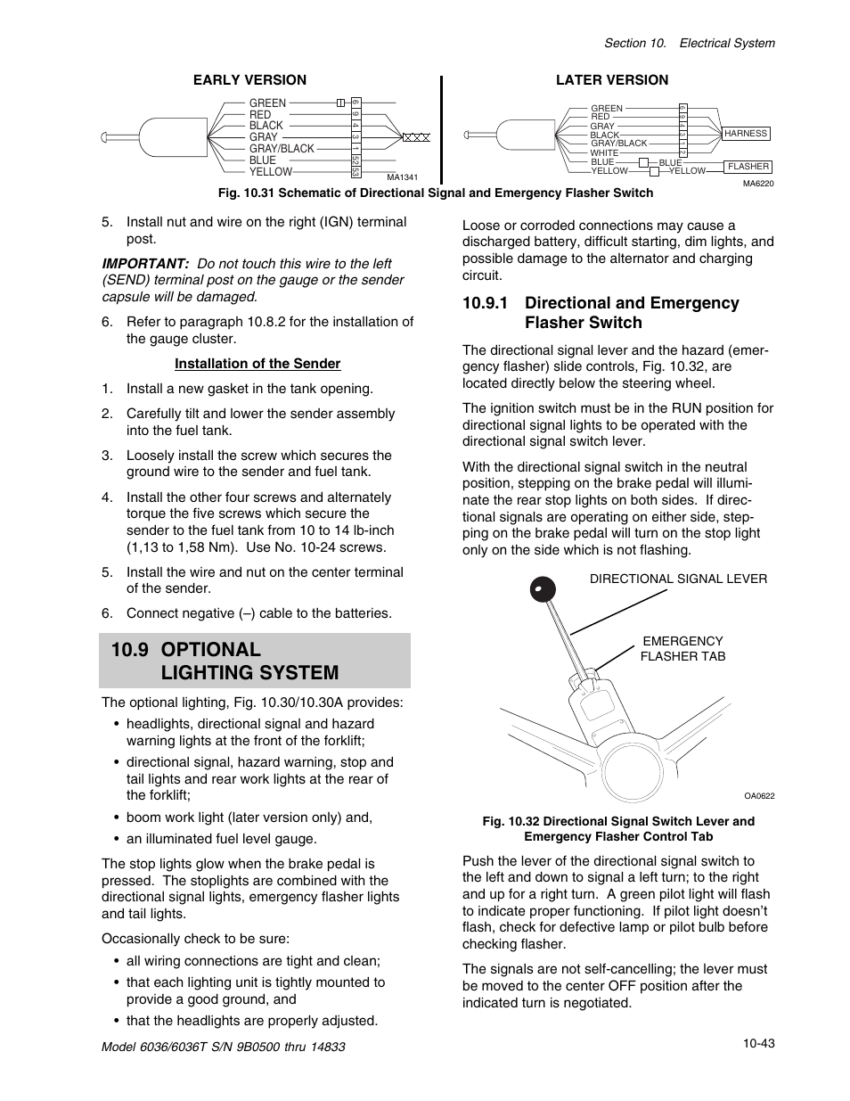 9 optional lighting system, 1 directional and emergency flasher switch | SkyTrak 6036 Service Manual User Manual | Page 305 / 342