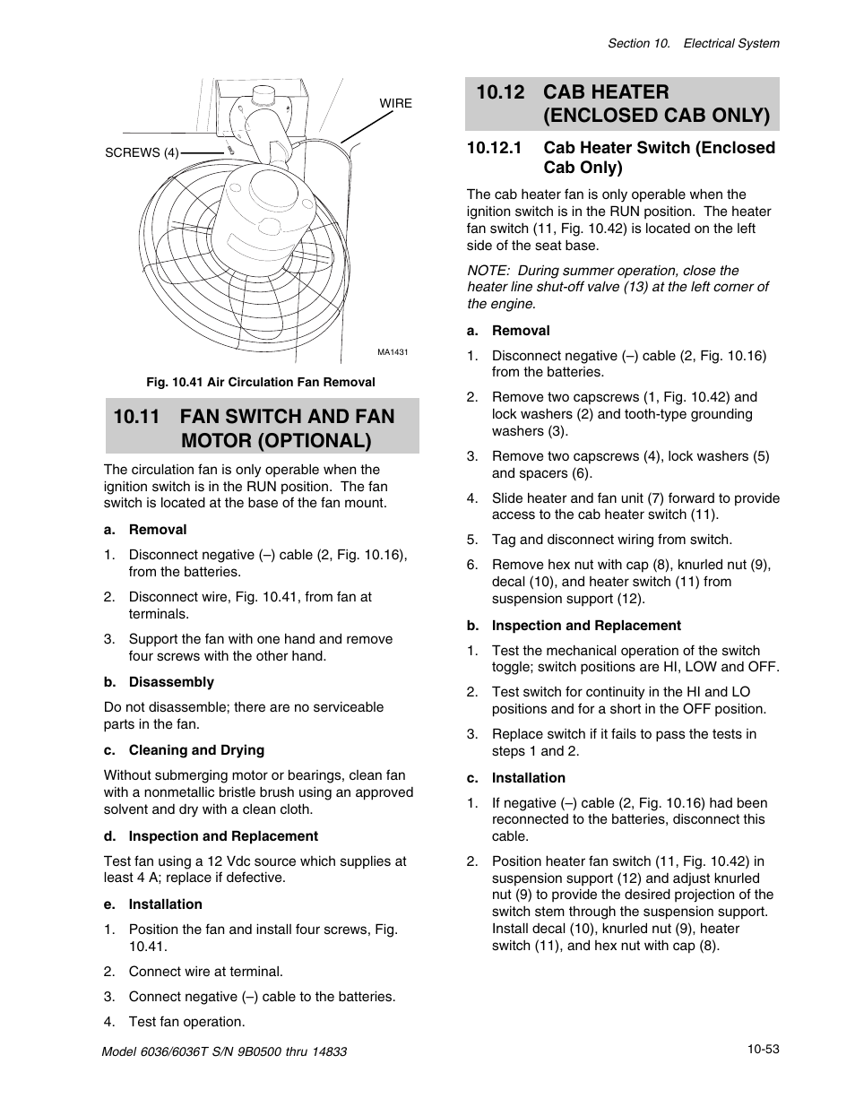 11 fan switch and fan motor (optional), 12 cab heater (enclosed cab only) | SkyTrak 6036 Service Manual User Manual | Page 315 / 342