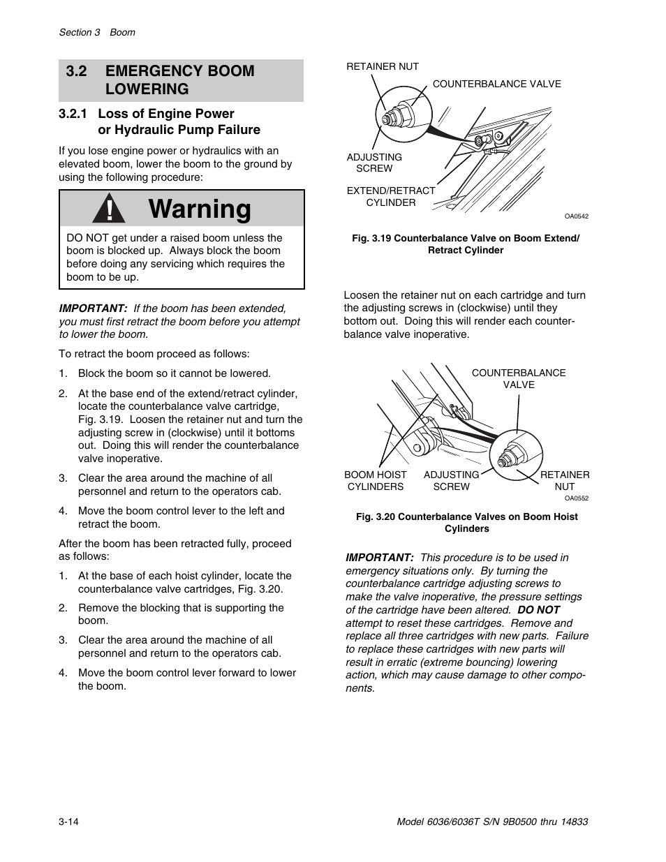 Warning, 2 emergency boom lowering | SkyTrak 6036 Service Manual User Manual | Page 32 / 342