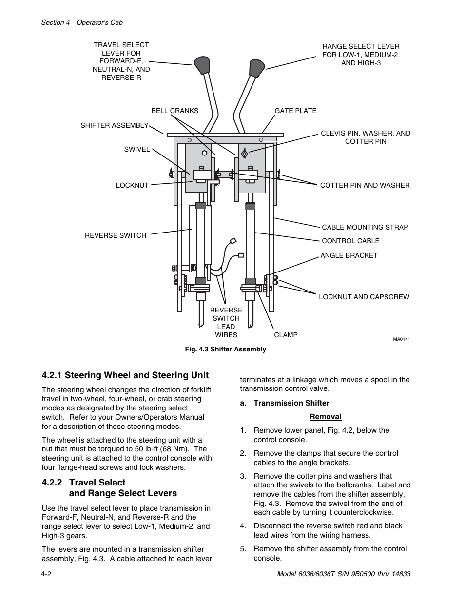 1 steering wheel and steering unit, 2 travel select and range select levers | SkyTrak 6036 Service Manual User Manual | Page 38 / 342