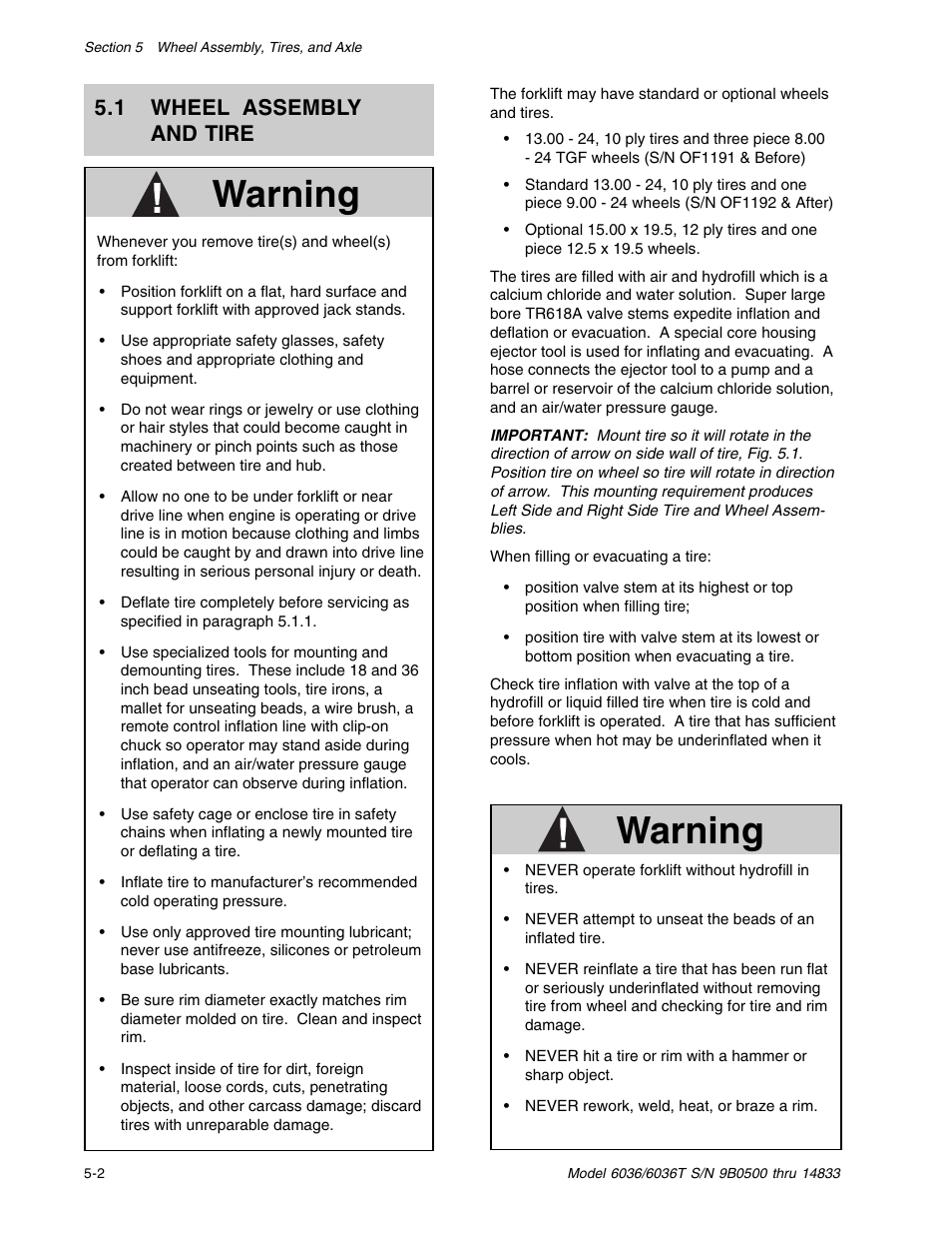 Warning, 1 wheel assembly and tire | SkyTrak 6036 Service Manual User Manual | Page 52 / 342
