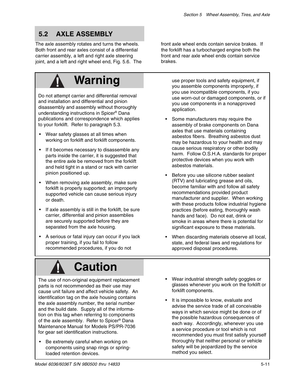 Caution, Warning, 2 axle assembly | SkyTrak 6036 Service Manual User Manual | Page 61 / 342