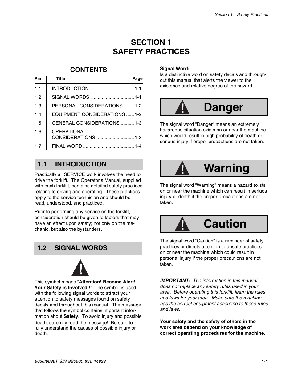 Section 1 safety practices, Danger, Warning | Caution | SkyTrak 6036 Service Manual User Manual | Page 7 / 342