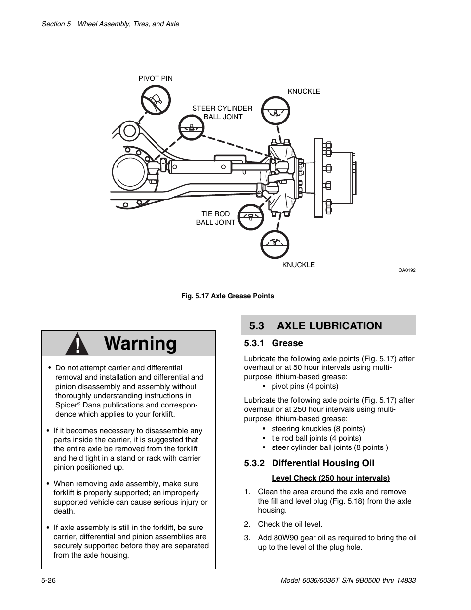 Warning, 3 axle lubrication | SkyTrak 6036 Service Manual User Manual | Page 76 / 342