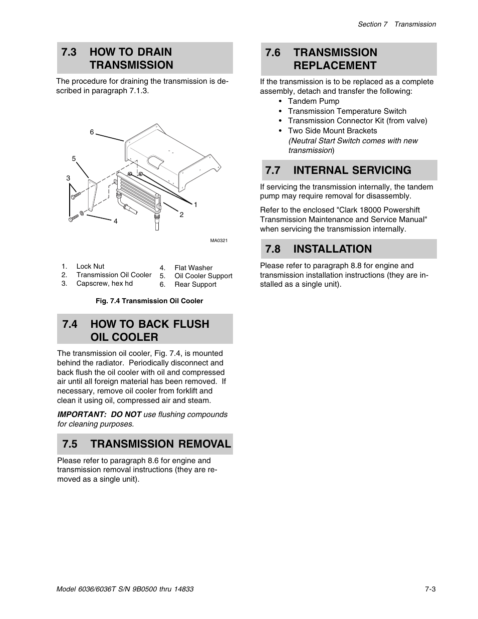 3 how to drain transmission, 4 how to back flush oil cooler, 5 transmission removal | 6 transmission replacement, 7 internal servicing, 8 installation | SkyTrak 6036 Service Manual User Manual | Page 89 / 342
