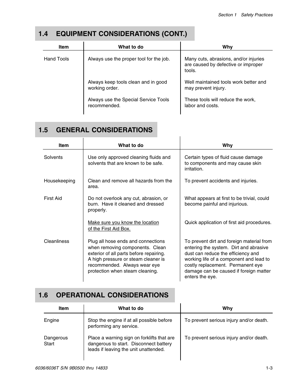 4 equipment considerations (cont.), 5 general considerations, 6 operational considerations | SkyTrak 6036 Service Manual User Manual | Page 9 / 342