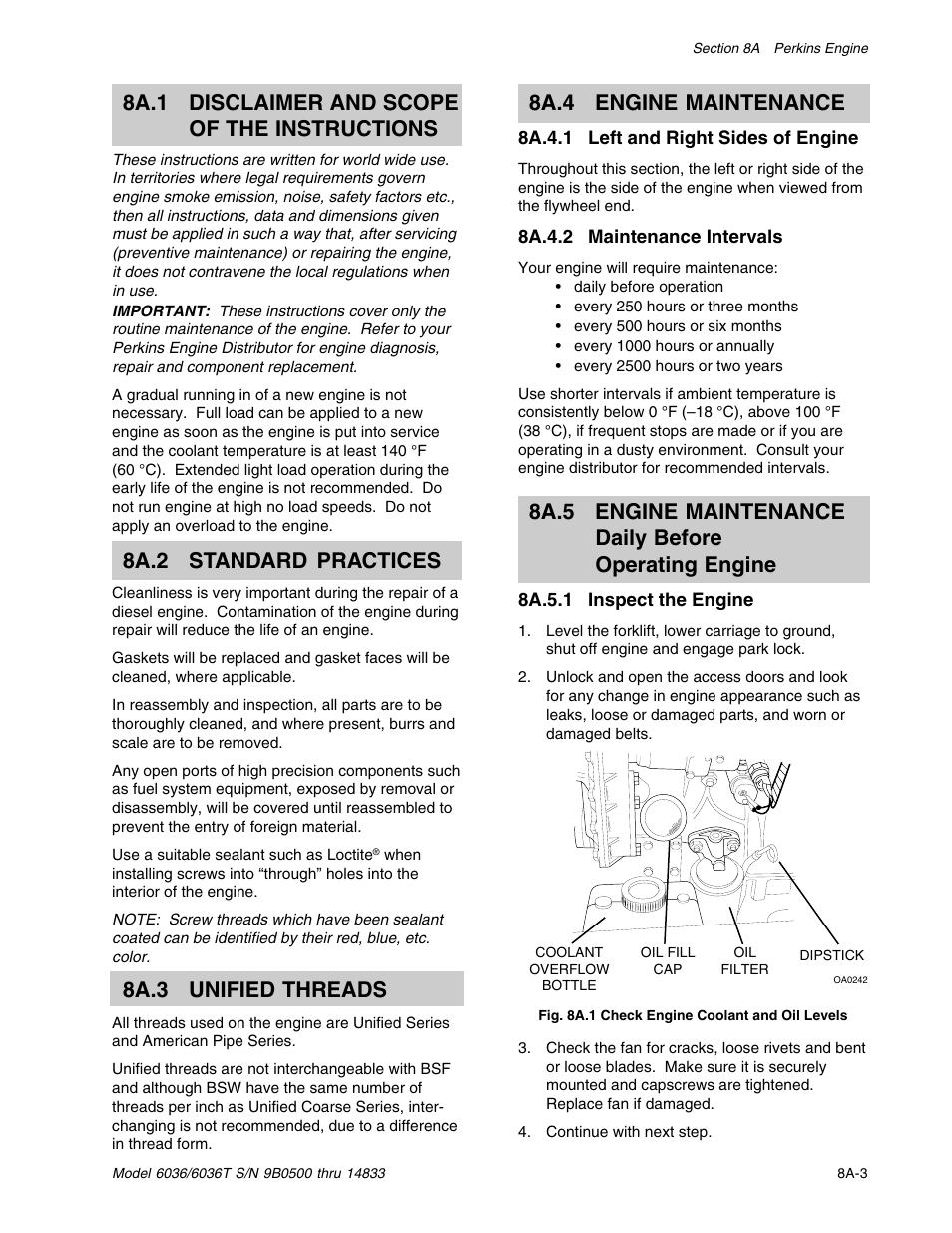 8a.4 engine maintenance, 8a.2 standard practices, 8a.3 unified threads | 8a.1 disclaimer and scope of the instructions | SkyTrak 6036 Service Manual User Manual | Page 95 / 342