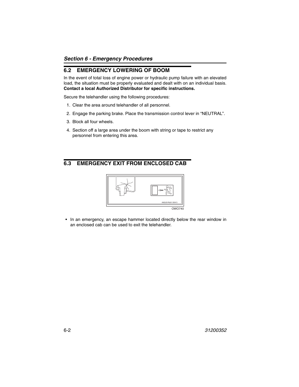 2 emergency lowering of boom, 3 emergency exit from enclosed cab | SkyTrak 10054 Operation Manual User Manual | Page 122 / 170
