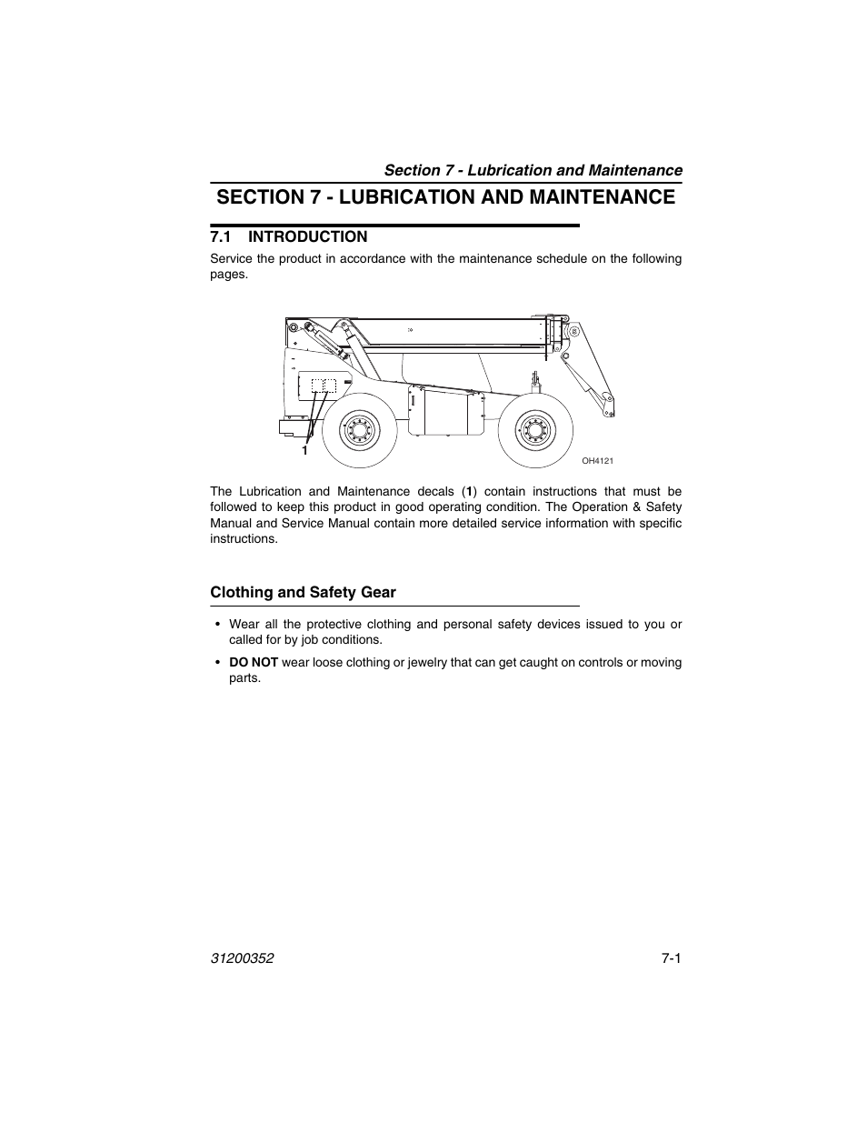 Section 7 - lubrication and maintenance, 1 introduction, Clothing and safety gear | 1 introduction -1, Clothing and safety gear -1, R to section 7 - lubrication and maintenance | SkyTrak 10054 Operation Manual User Manual | Page 123 / 170