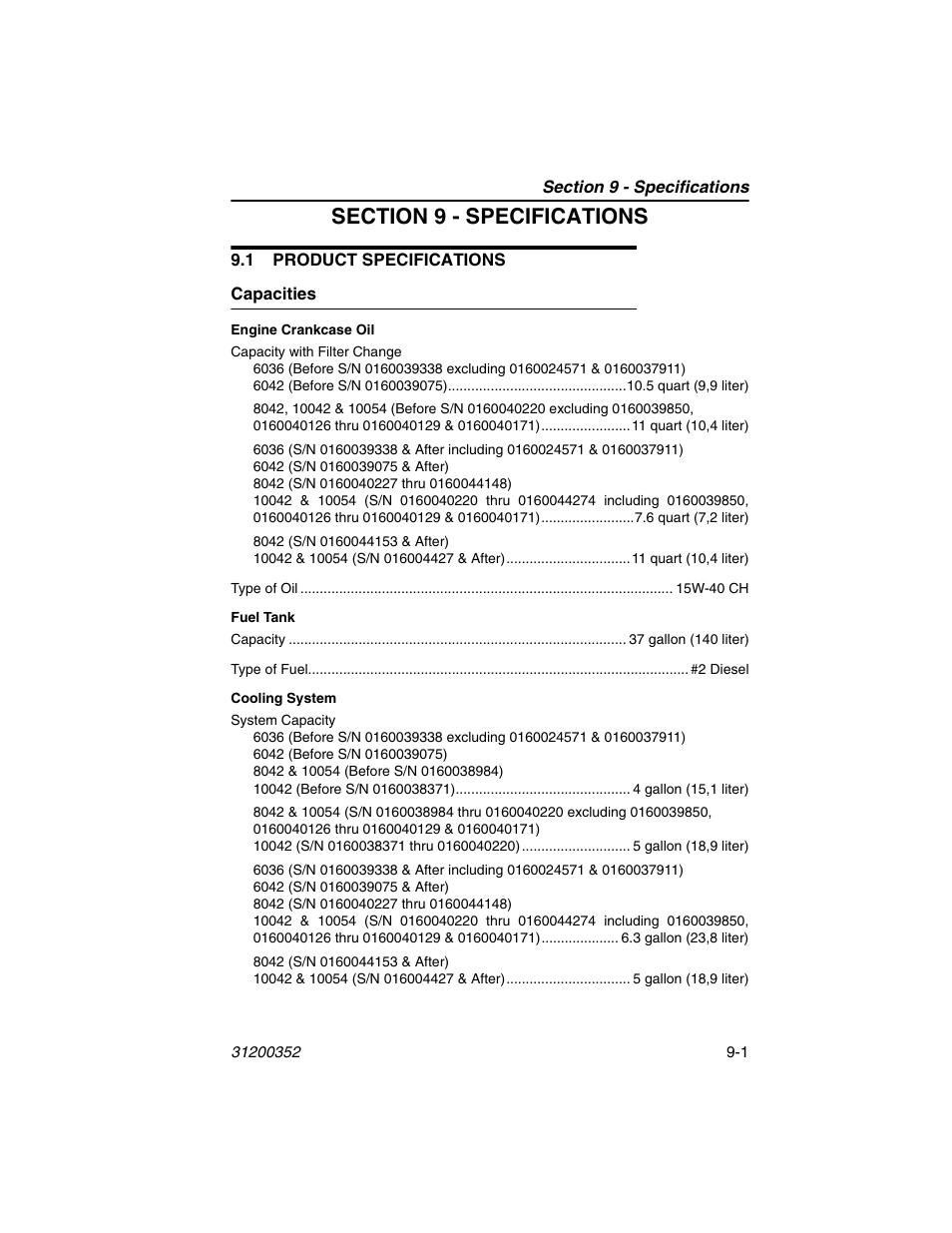 Section 9 - specifications, 1 product specifications, Capacities | 1 product specifications -1, Capacities -1, Nd section 9 - specifications | SkyTrak 10054 Operation Manual User Manual | Page 151 / 170