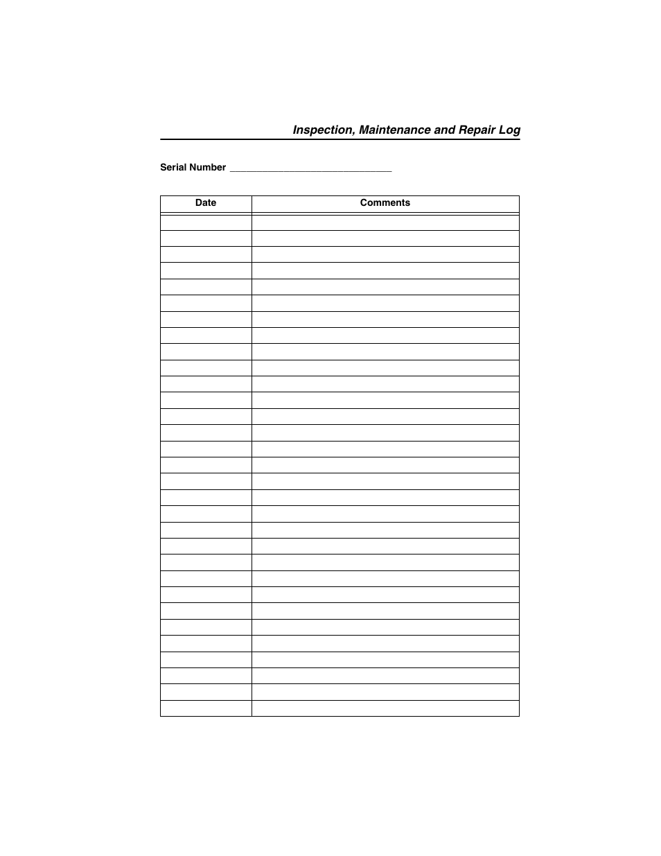 Inspection, maintenance and repair log | SkyTrak 10054 Operation Manual User Manual | Page 165 / 170