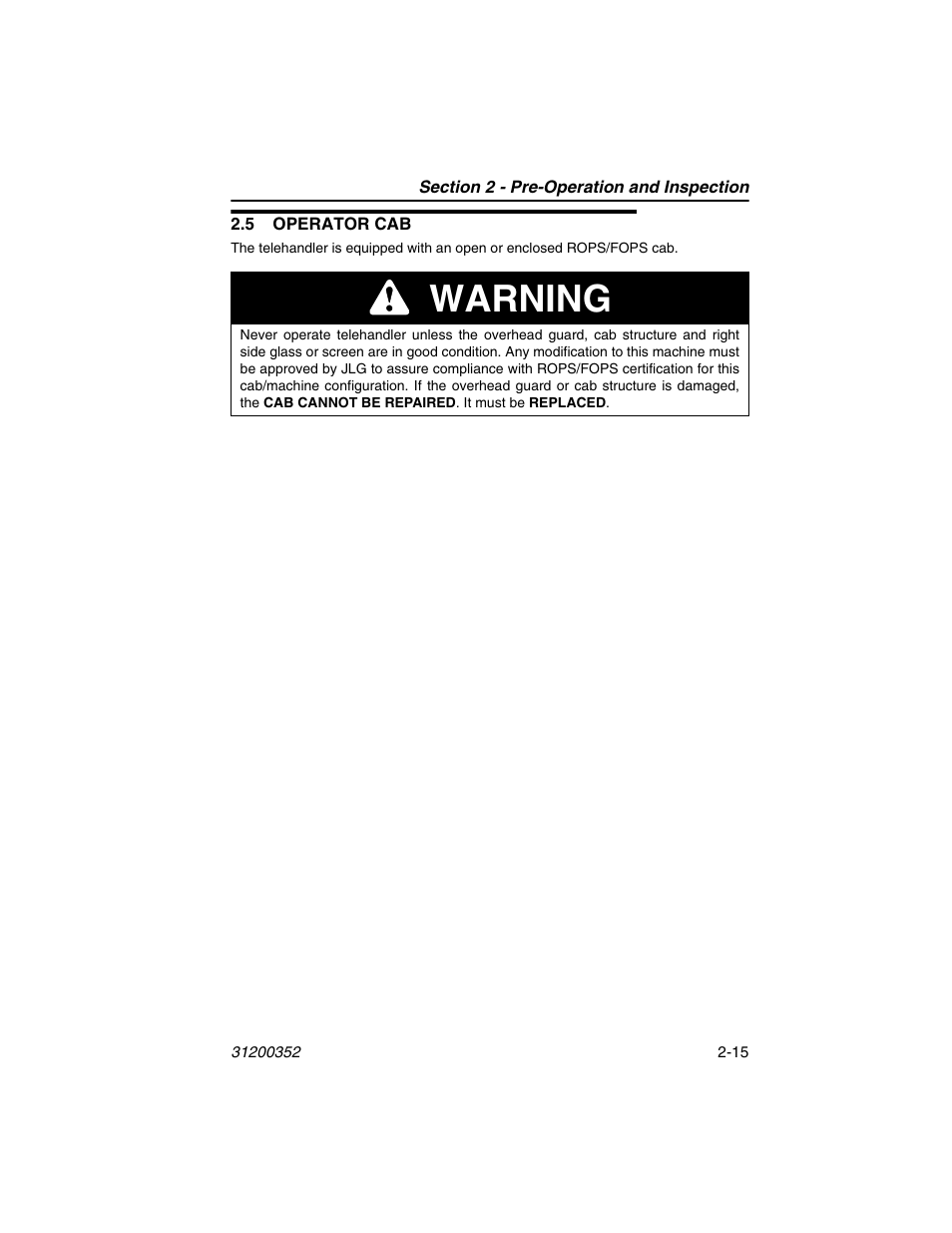 5 operator cab, 5 operator cab -15, Warning | SkyTrak 10054 Operation Manual User Manual | Page 39 / 170