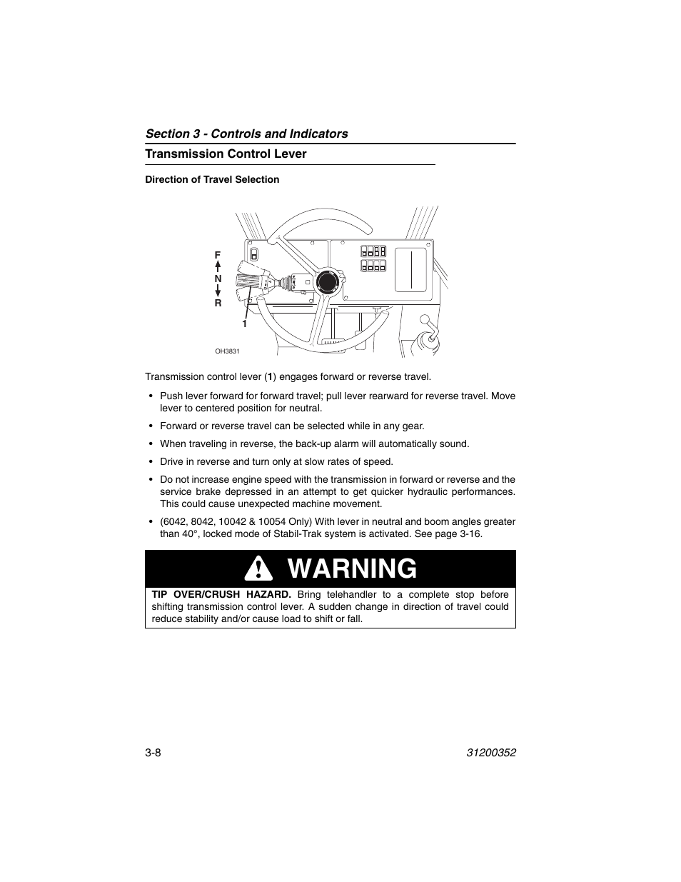 Transmission control lever, Transmission control lever -8, Warning | SkyTrak 10054 Operation Manual User Manual | Page 48 / 170