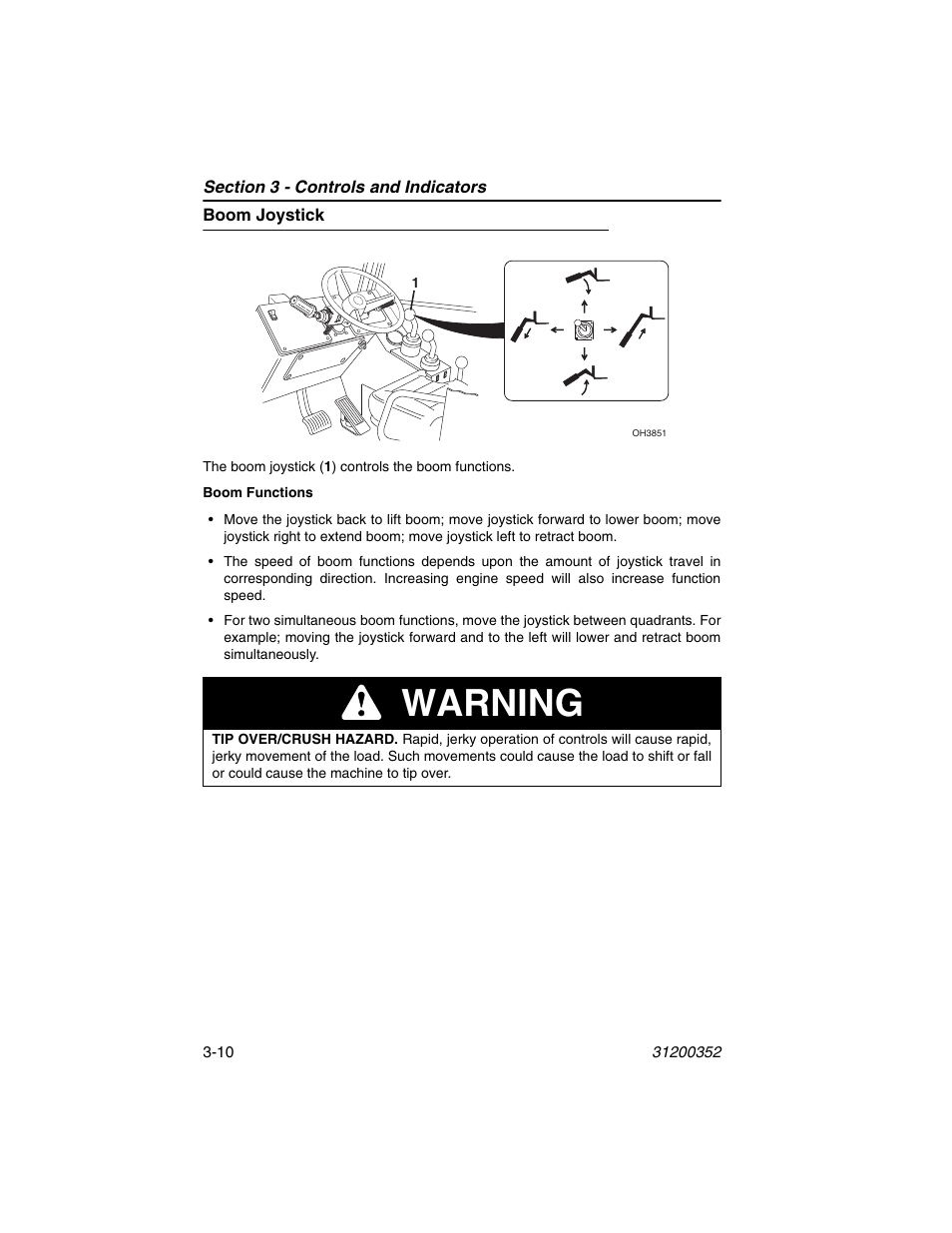 Boom joystick, Boom joystick -10, Warning | SkyTrak 10054 Operation Manual User Manual | Page 50 / 170