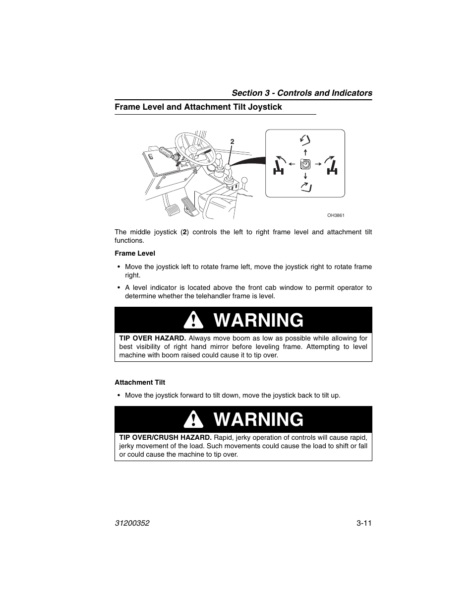 Frame level and attachment tilt joystick, Frame level and attachment tilt joystick -11, Warning | SkyTrak 10054 Operation Manual User Manual | Page 51 / 170
