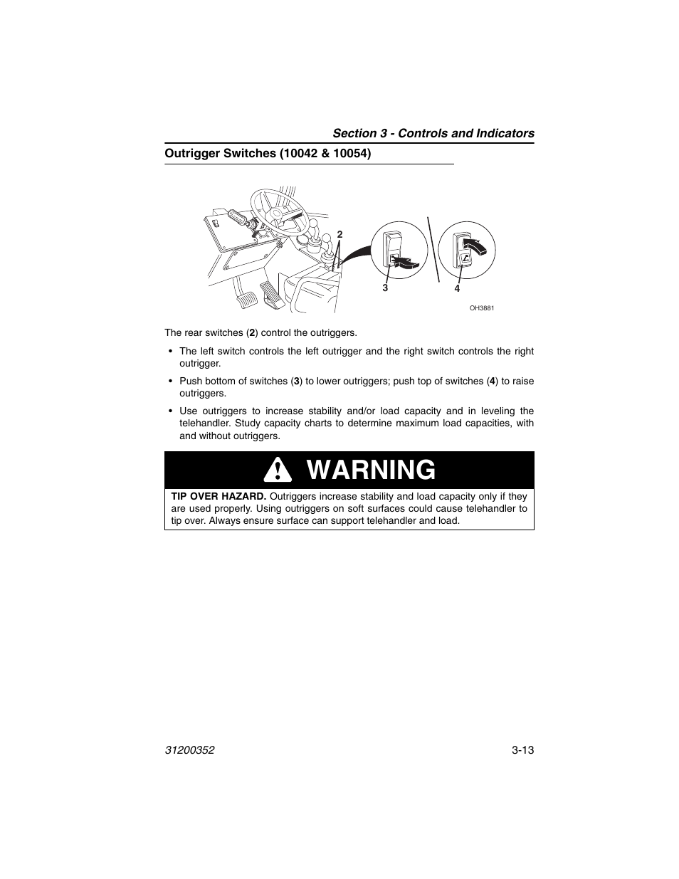 Outrigger switches (10042 & 10054), Outrigger switches (10042 & 10054) -13, Warning | SkyTrak 10054 Operation Manual User Manual | Page 53 / 170