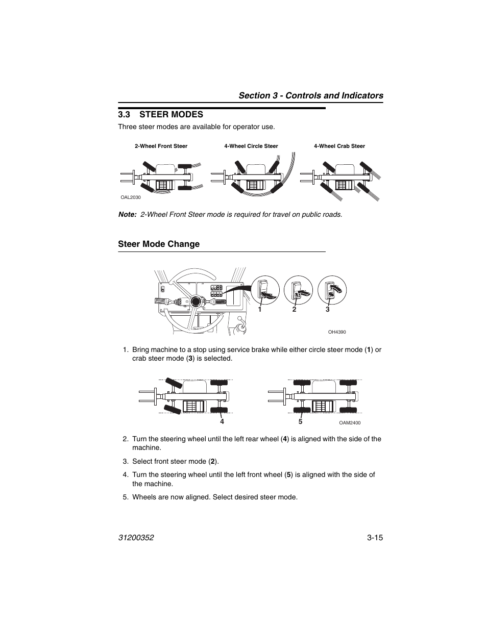 3 steer modes, Steer mode change, 3 steer modes -15 | Steer mode change -15 | SkyTrak 10054 Operation Manual User Manual | Page 55 / 170