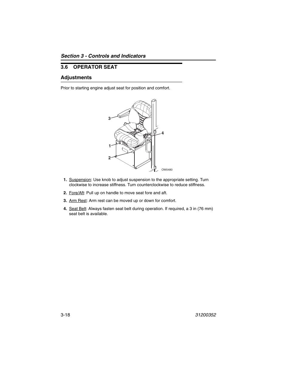 6 operator seat, Adjustments, 6 operator seat -18 | Adjustments -18 | SkyTrak 10054 Operation Manual User Manual | Page 58 / 170