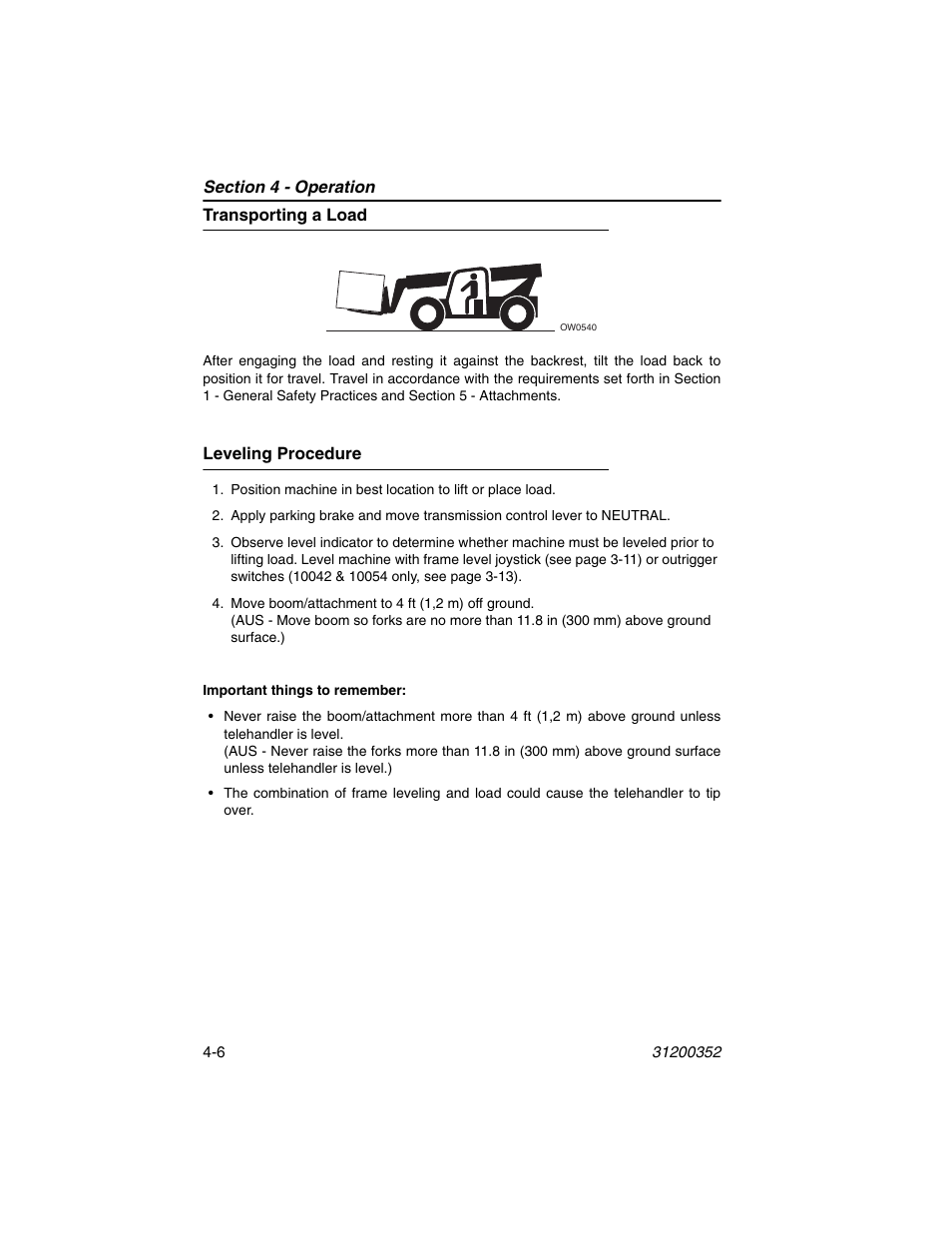 Transporting a load, Leveling procedure, Transporting a load -6 leveling procedure -6 | SkyTrak 10054 Operation Manual User Manual | Page 66 / 170