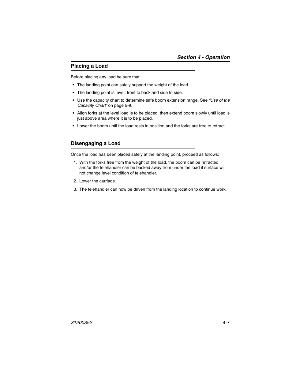 Placing a load, Disengaging a load, Placing a load -7 disengaging a load -7 | SkyTrak 10054 Operation Manual User Manual | Page 67 / 170